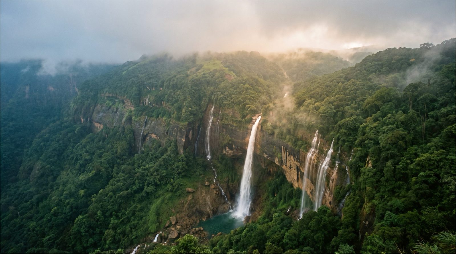 Waterfalls pouring off the misty cliffs of a Meghalaya gorge